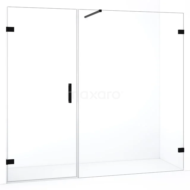 Glazen douchewand met zwarte accenten, minimalistisch design, ideaal voor een moderne badkamer.