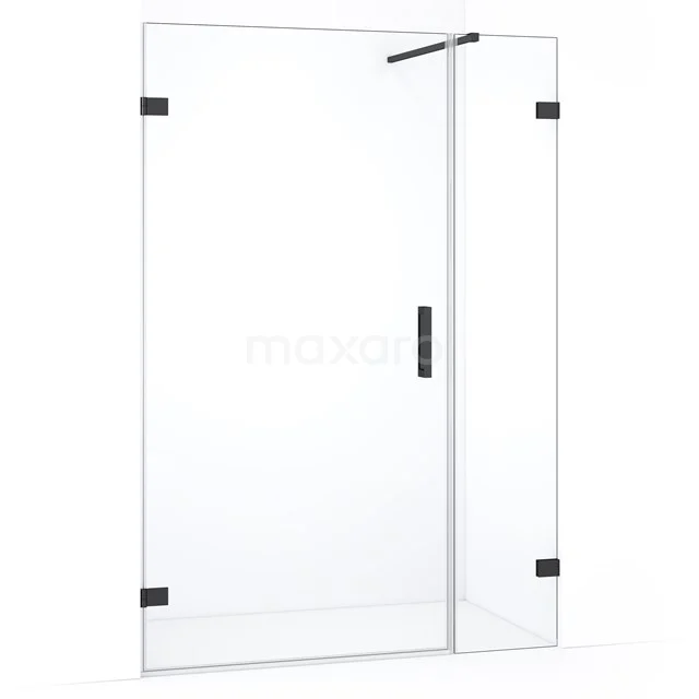 Glazen douchewand met zwarte accenten, moderne inloopdouche van veiligheidsglas, geschikt voor elke strakke badkamerstijl.