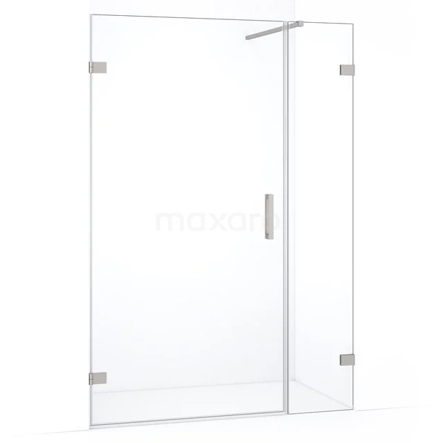 Heldere glazen douchewand met scharnierdeur, minimalistisch design en roestvrijstalen accenten, ideaal voor moderne badkamers.