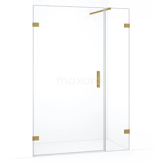 Glazen douchewand met goudkleurige accenten, strak ontwerp, ideaal voor een moderne badkamer.