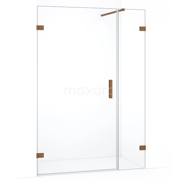Glazen douchewand met bronzen details, minimalistisch ontwerp, ideaal voor een moderne badkamer.
