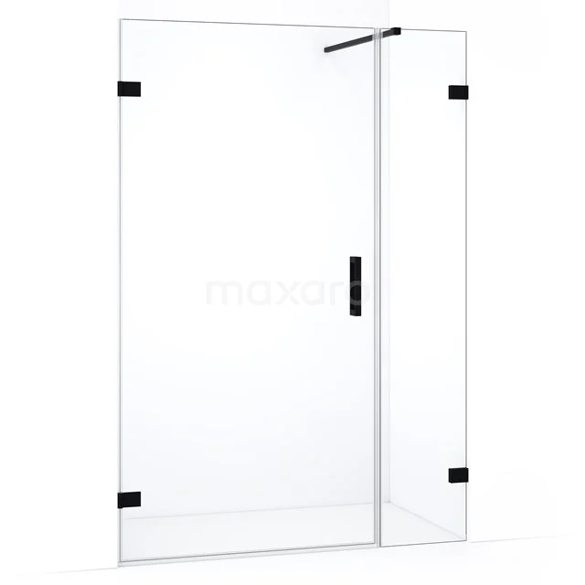 Douchewand zwart frame van veiligheidsglas, modern design voor stijlvolle badkamerinrichting.