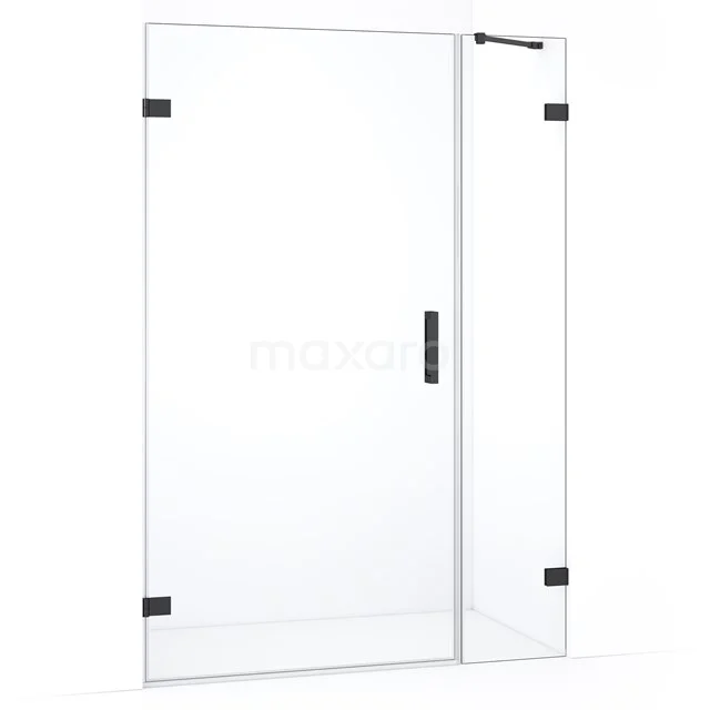 Modern glazen douchedeur met zwart metalen scharnieren, strak ontwerp voor een luxe badkamerervaring.