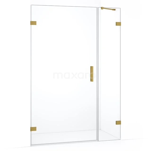 Glazen douchewand met gouden scharnieren en handgreep, strak design, ideaal voor stijlvolle badkamers.