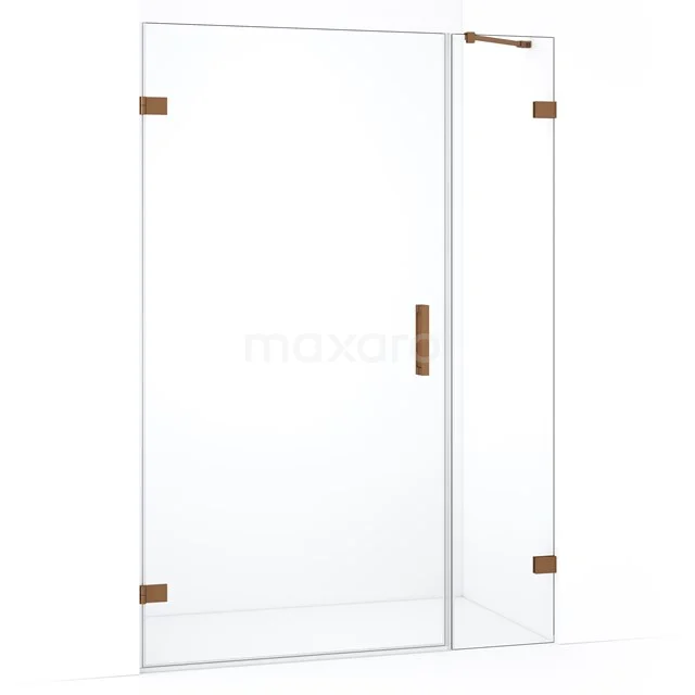 Glazen douchedeur met scharnieren en handgreep in mat messing, minimalistisch ontwerp voor moderne badkamers.