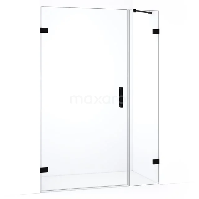 Glazen douchedeur met zwart metalen accenten, minimalistisch design, ideaal voor een moderne badkamerstijl.