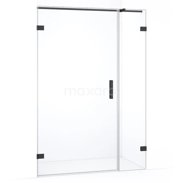 Glazen douchewand met zwart metalen details, strak design en duurzame afwerking voor een moderne badkamer.