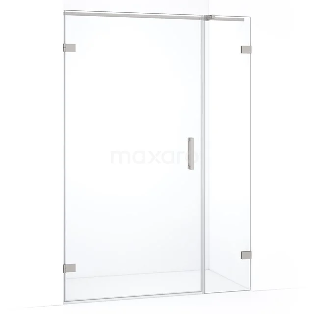 Glazen douchewand met draaideur, helder glas, aluminium scharnieren, strak design voor een moderne badkamer.