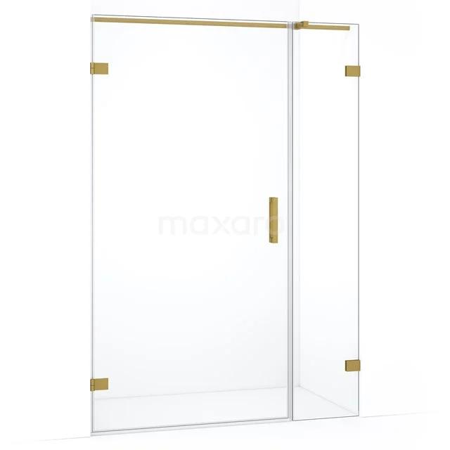 Douchewand met gouden accenten, helder glas en metalen frame, ideaal als luxe toevoeging aan een moderne badkamer.