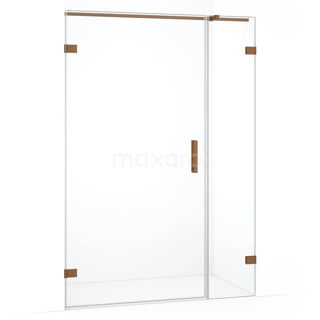 Glazen douchewand met bronzen accenten, strak design en minimalistische stijl, ideaal voor een moderne badkamer.