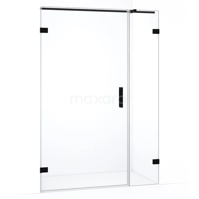 Douchewand met deur, zwart frame, helder glas, strak design, ideaal voor een moderne badkamer.