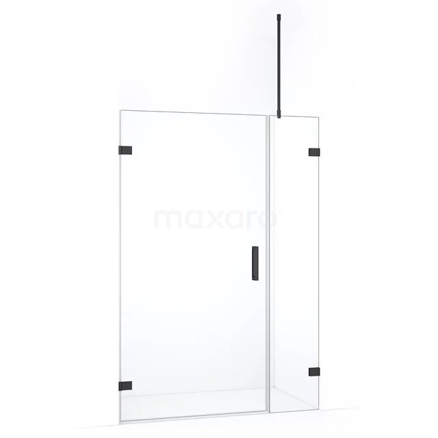 Douchewand met deur, helder glas, zwart mat beslag, modern design, perfect voor een strakke en stijlvolle badkamer.