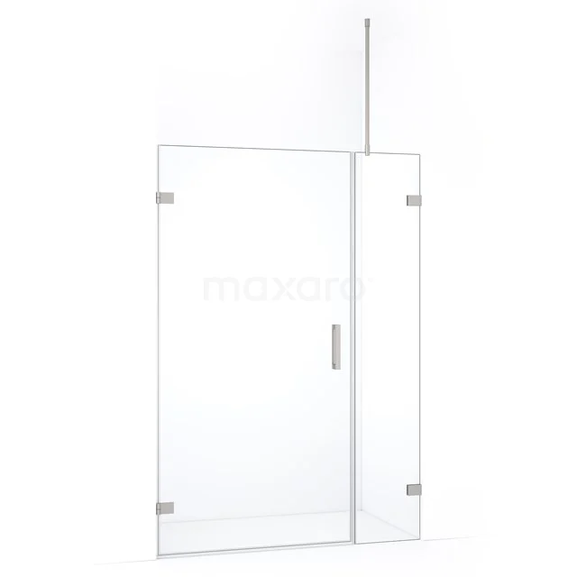 Glazen douchewand met scharnierdeur, strak design, helder glas en RVS accenten, ideaal voor een moderne badkamer.