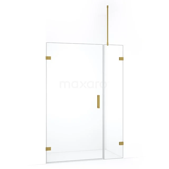 Glazen douchedeur met goudkleurige accenten, frameloos design, perfect voor een moderne badkamer.