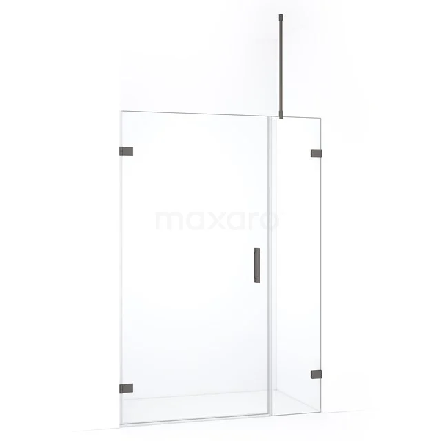Glazen douchewand met deur en scharnieren, helder glas, strak design, ideaal voor een moderne badkamer.