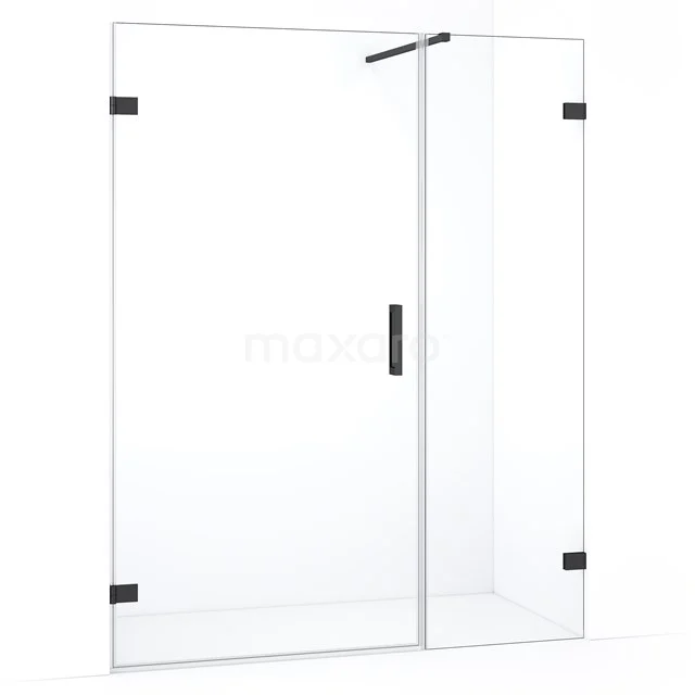 Douchewand met draaideur, helder glas, zwart metalen accenten, perfect voor een moderne badkamerstijl.