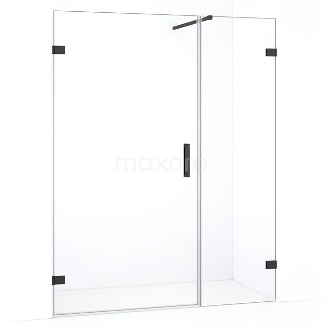 Duschwand mit Drehtür, Klarglas, Schwarz metallische Akzente, perfekt für einen modernen Badezimmerstil.