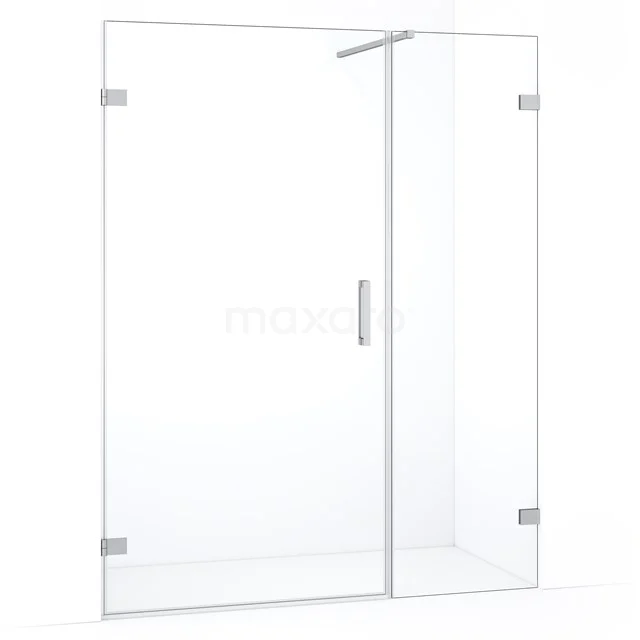 Glazen douchewand met deur, helder veiligheidsglas, scharnierend design, geschikt voor moderne badkamerstijl.