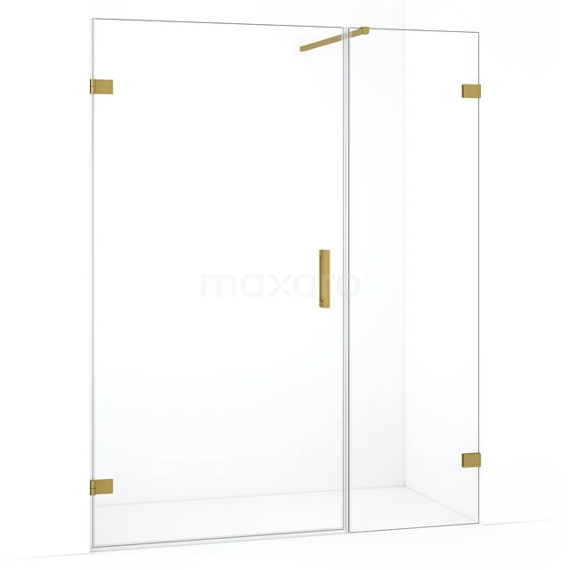 Glazen douchewand met gouden scharnieren en handgreep, strak design, perfect voor een moderne badkamerstijl.