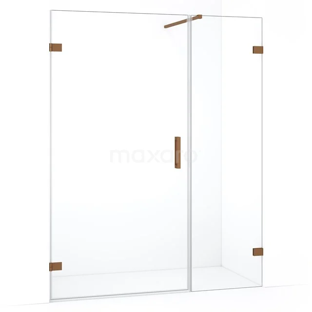 Glazen douchecabine met deur, koperkleurige accenten en minimalistisch design, perfect voor een moderne badkamer.