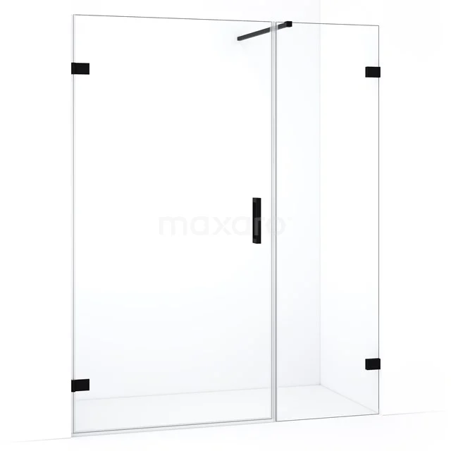 Douchewand helder glas met zwarte accenten, hoekinstapmodel van duurzaam materiaal, ideaal voor moderne badkamers.