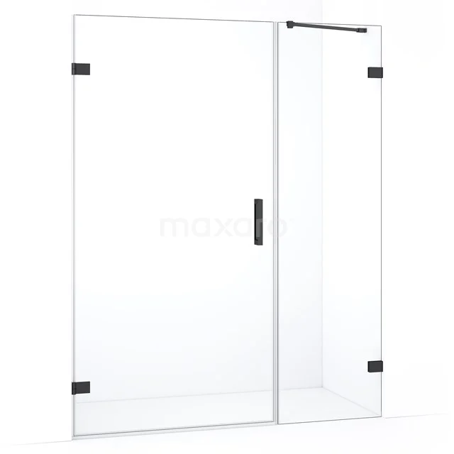 Glazen douchewand met matzwarte scharnieren en handgreep, modern design, ideaal voor strakke en stijlvolle badkamers.
