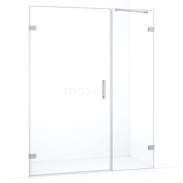 Glazen douchewand met chromen scharnieren, transparant design, modern en strak voor een stijlvolle badkameruitstraling.