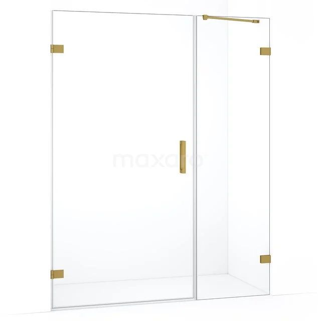 Douchewand van glas met gouden scharnieren en handgreep, strak design, ideaal voor moderne badkamers.