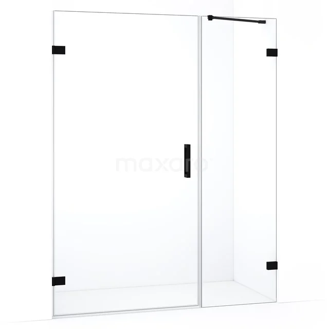 Douchewand met zwarte scharnieren en helder glas, modern design, perfecte aanvulling voor een stijlvolle badkamer.