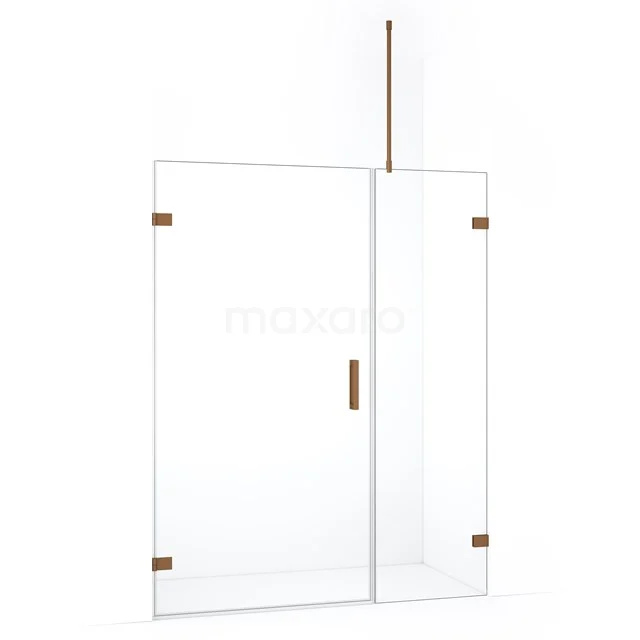 Heldere glazen douchewand met koperkleurige accenten, modern design, perfect voor een stijlvolle badkamerinrichting.