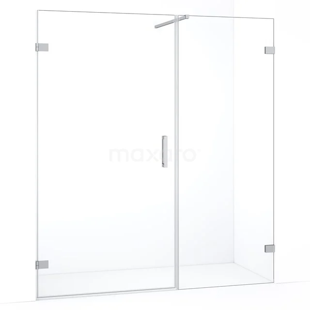 Douchewand met deur, helder glas, modern RVS handvat, minimalistisch design, ideaal voor een stijlvolle en strakke badkamer.