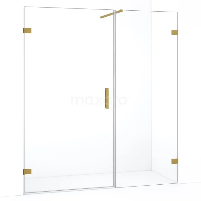 Glazen douchewand met goudkleurige accenten, strak design, ideaal voor een luxe badkamerstijl.