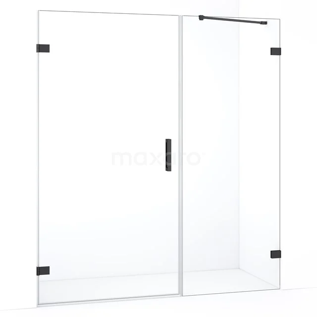 Glazen douchedeur met mat zwarte accenten, schuifsysteem, perfect voor een moderne badkamerstijl.