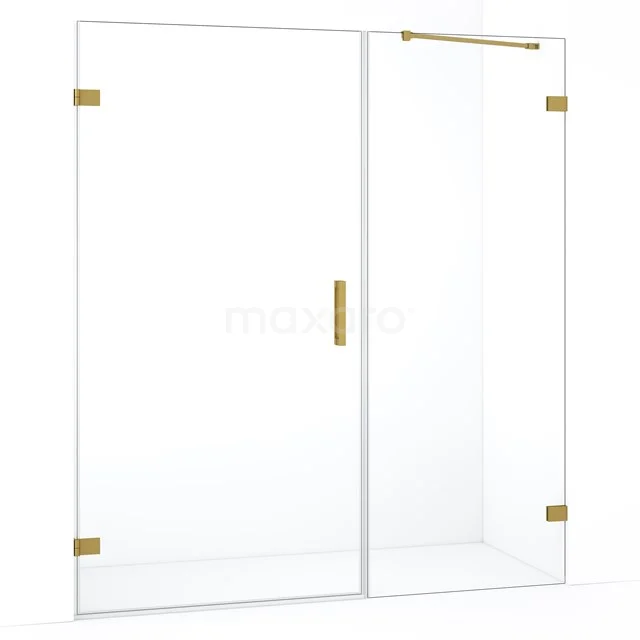 Douchewand met schuifdeur, helder glas, goudkleurige afwerking, modern design en ideaal voor de badkamerrenovatie.
