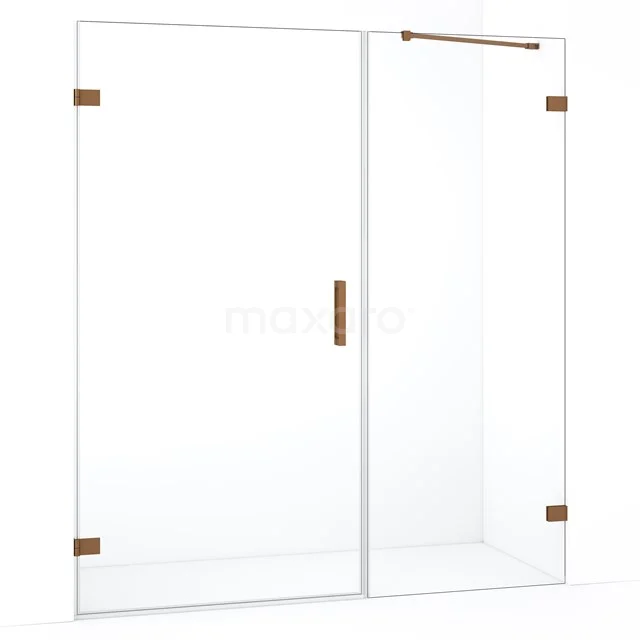 Douchedeur met helder glas, goudkleurige accenten, schuifmechanisme; elegant en duurzaam voor een moderne badkamer.