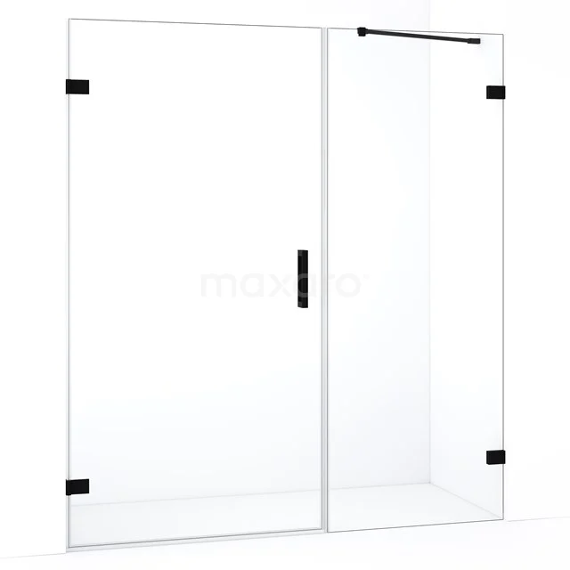 Douchecabine met helder glas, zwart mat metalen accenten, schuifdeur; modern en geschikt voor elke badkamerstijl.