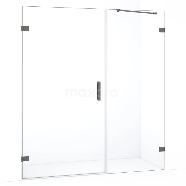 Glazen douchewand met zwarte scharnieren, modern design, helder veiligheidsglas, perfect voor een stijlvol badkamerinterieur.