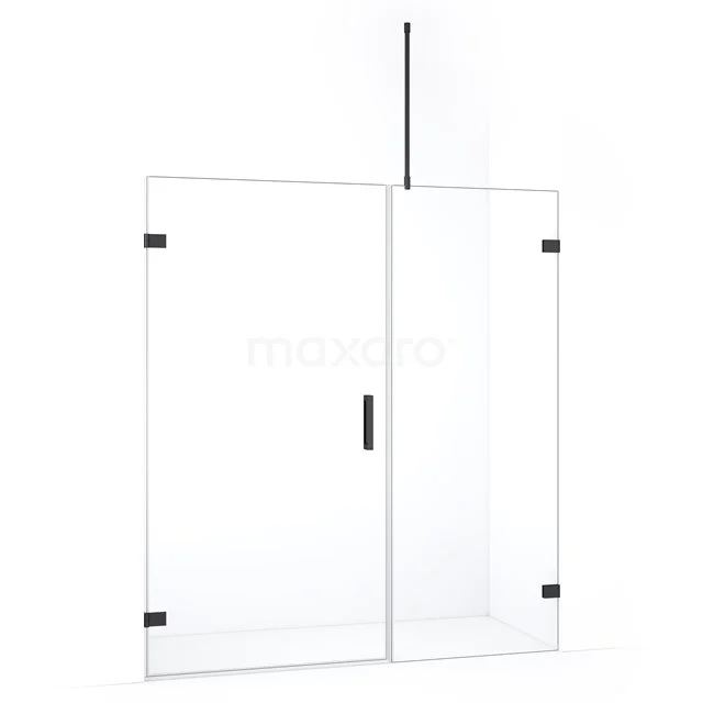 Douchewand met deur, zwart frame, helder glas, moderne uitstraling, ideaal voor een stijlvolle badkamerinrichting.