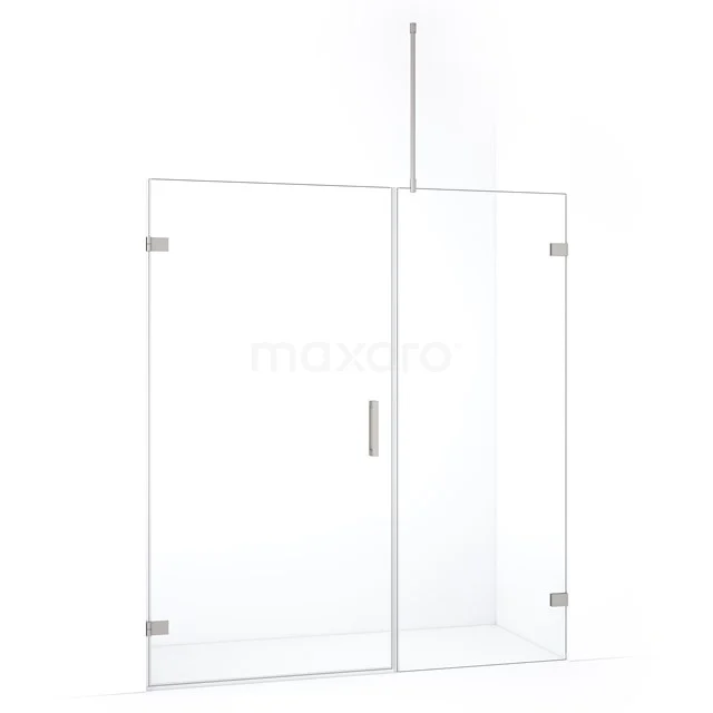 Glazen douchewand met inox scharnieren, helder glas, minimalistisch design, ideaal voor een moderne badkamerinstallatie.