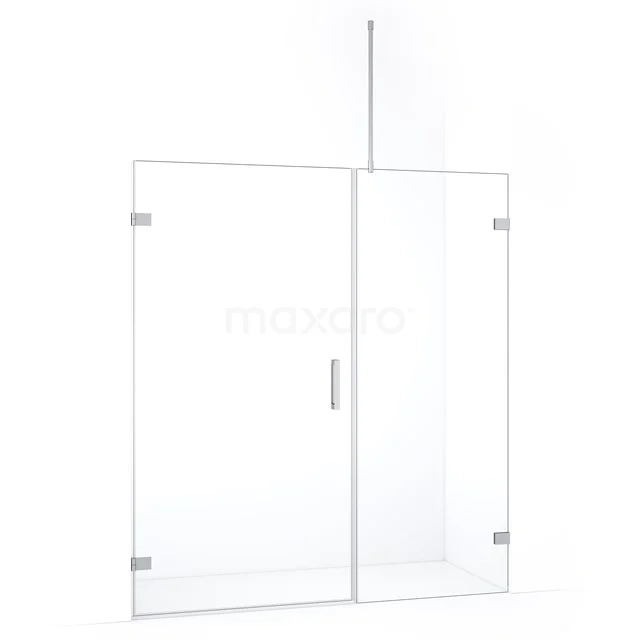 Glazen douchewand met scharnierdeur, helder glas, roestvrijstalen accenten, strak design, ideaal voor moderne badkamers.