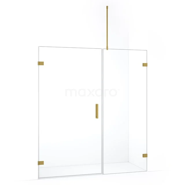 Glazen douchewand met gouden accenten, strak design en moderne uitstraling, ideaal voor een stijlvolle badkameromgeving.
