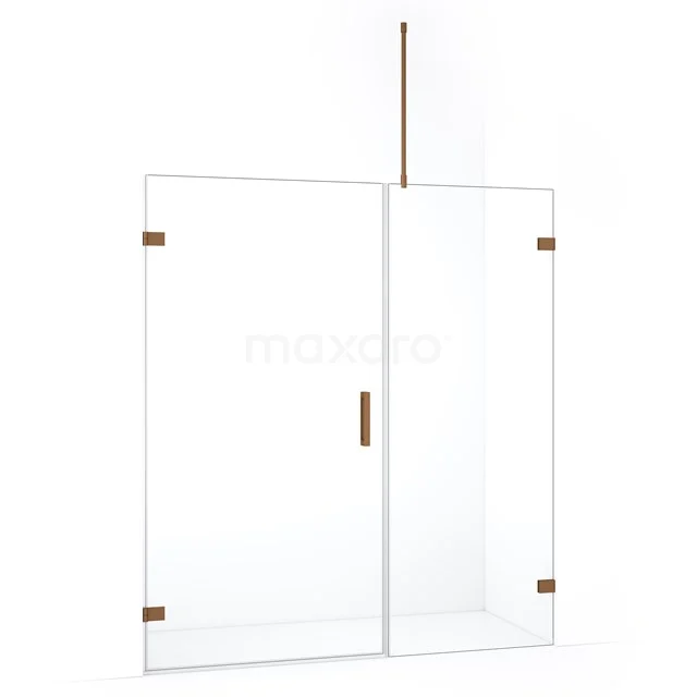 Glazen douchewand met messing afwerking, strak design, ideaal voor een moderne badkamerinrichting.