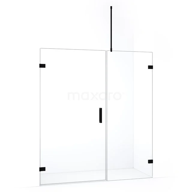 Glazen douchewand met zwarte accenten, modern ontwerp, geschikt voor stijlvolle badkamerinrichting.