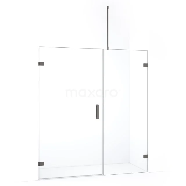 Glazen douchewand met scharnierdeur, heldere glasafwerking, strak ontwerp en mat zwarte details, ideaal voor moderne badkamers.