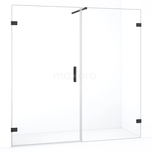 Douchescherm met dubbel helder glas, zwart beslag en stevig handvat, ideaal voor een moderne badkamerstijl.