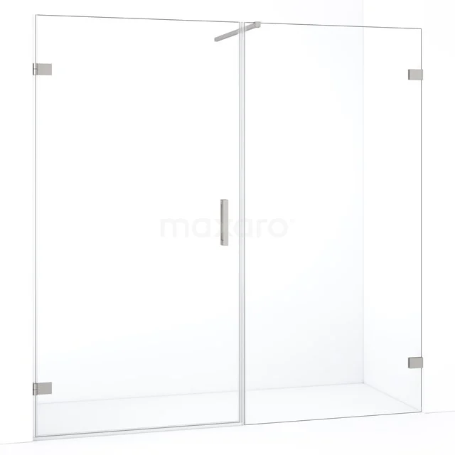 Glazen douchewand met deur, hoekig ontwerp, helder glas, geschikt voor moderne badkamerstijlen, inclusief metalen scharnieren.
