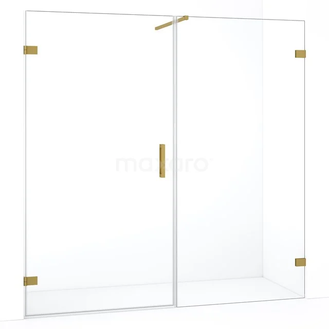 Glazen douchewand met gouden scharnieren en handgreep, strak design voor een moderne badkamer.