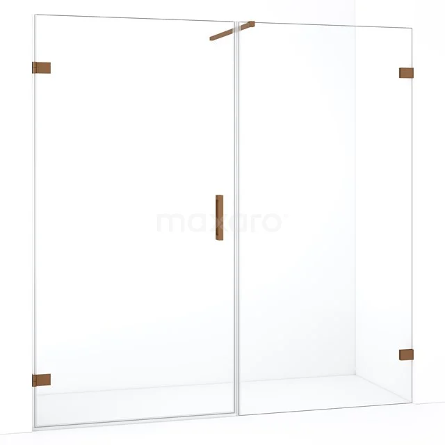 Glazen douchewand met dubbele deuren, transparant met goudkleurige scharnieren en handgrepen, ideaal voor een moderne badkamer.