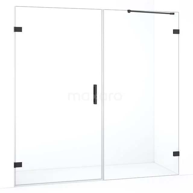 Glazen douchewand met schuifdeur, zwart metalen accenten, modern design, ideaal voor een stijlvolle badkamer.