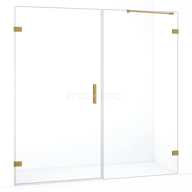 Glazen douchewand met schuifdeur, goudkleurige details, van gehard glas, modern ontwerp voor een stijlvolle badkamer.